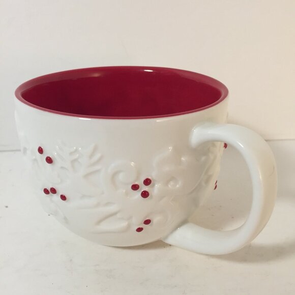 Starbucks Christmas Coffee Mug 12oz Raised White Doves Red Holly Berries 2008 - Picture 2 of 5
